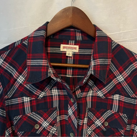 True Religion Collared Western Pocket Red Blue Plaid button up women Shirt large - Picture 12 of 16